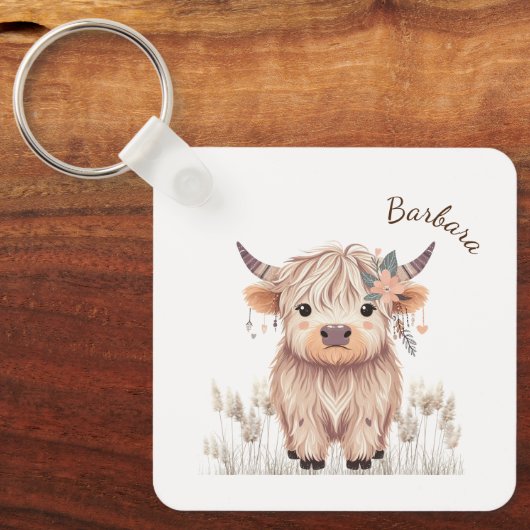 Aangepaste voornaam Schattige Modern Boho Highland Sleutelhanger (Voorkant)