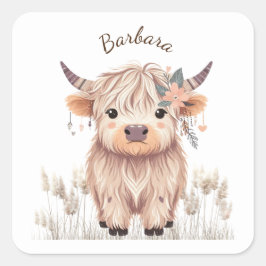 Aangepaste voornaam Schattige Modern Boho Highland Vierkante Sticker