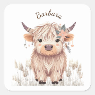 Aangepaste voornaam Schattige Modern Boho Highland Vierkante Sticker