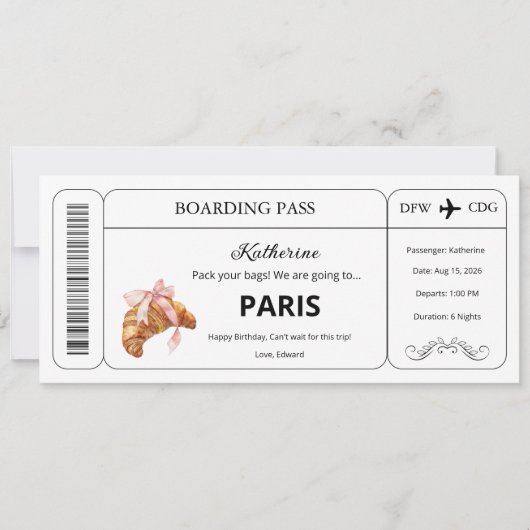 Aangepaste voucher, instapkaart Paris Trip Ticket Kaart (Voorkant)