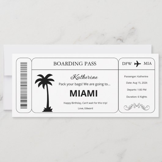 Aangepaste voucher, Miami Trip instapkaart ticket Kaart (Voorkant)
