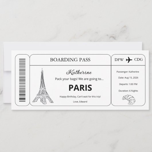 Aangepaste voucher, Paris Trip instapkaart ticket Kaart (Voorkant)