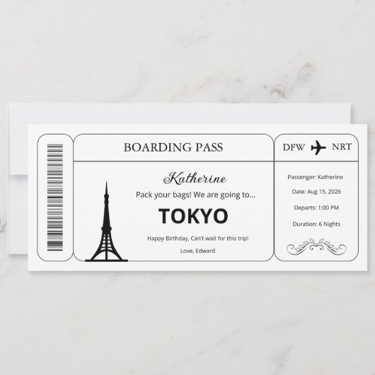 Aangepaste voucher, Tokio Trip instapkaart ticket Kaart (Voorkant)
