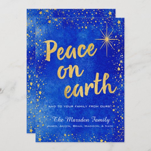 Aangepaste Vrede op Aarde Blauw en Goud Kerst Kaar Feestdagenkaart (Voorkant / Achterkant)