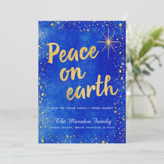 Aangepaste Vrede op Aarde Blauw en Goud Kerst Kaar Feestdagenkaart (Staand voorkant)
