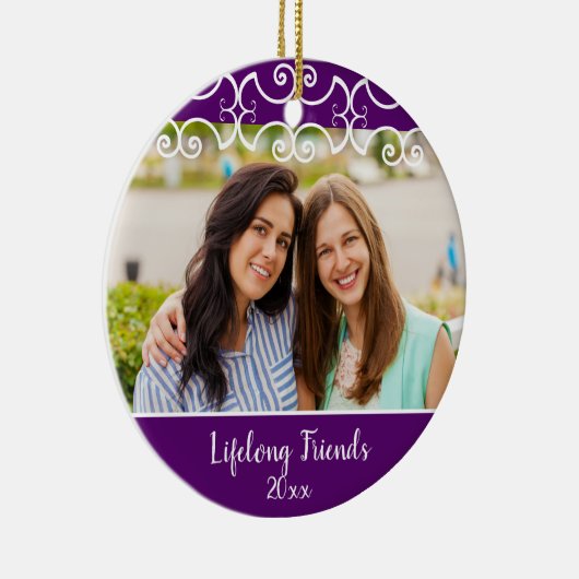 Aangepaste vrienden met 2-zijdige Paarse kerstfoto Keramisch Ornament (Rechts)