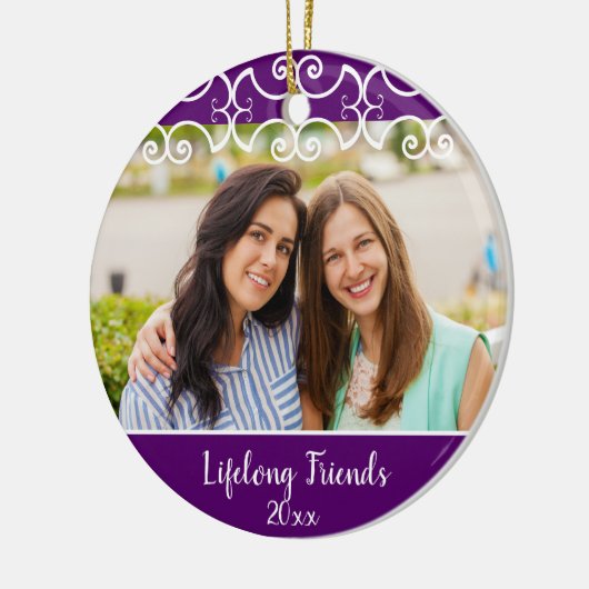Aangepaste vrienden met 2-zijdige Paarse kerstfoto Keramisch Ornament (Links)