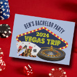 Aangepaste vrijgezellenfeest Las Vegas Trip Casino Kaart<br><div class="desc">Pas je eigen vrijgezellenfeestuitnodiging aan voor een Las Vegas reis. Cool gepersonaliseerde uitnodigingen met gokken casino nietjes zoals een dek van kaarten,  poker chips,  en roulette wiel met Vegas Trip in geel script. Leuke gokker uitje voor je bruidsjonkers en beste man.</div>