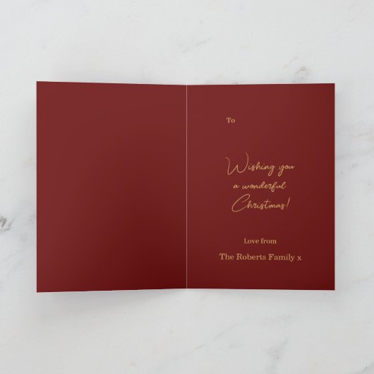 Aangepaste vrolijke kerst gouden boom op rood feestdagen kaart (Binnen)