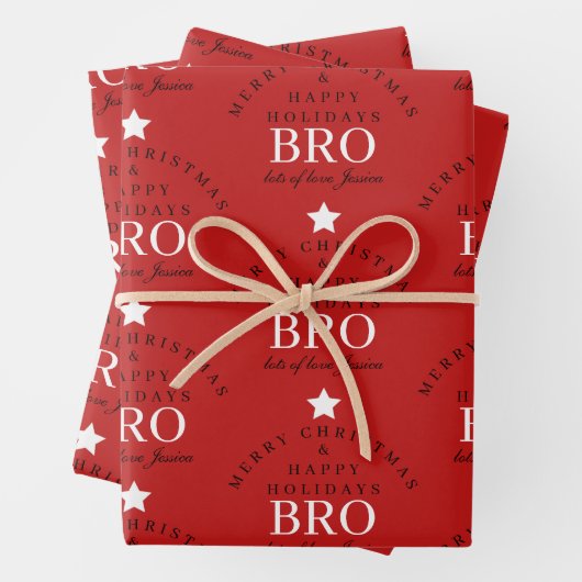 Aangepaste Vrolijke Kerstmis Rode Monogram Broer Inpakpapier Vel (In situ)