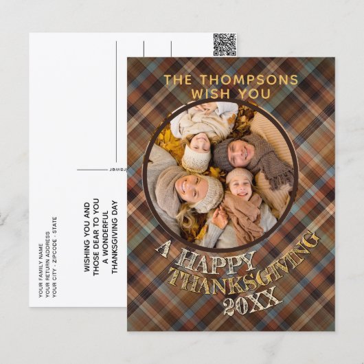 Aangepaste vrolijke Schattigee Thanksgiving Plaid Briefkaart (Voorkant / Achterkant)