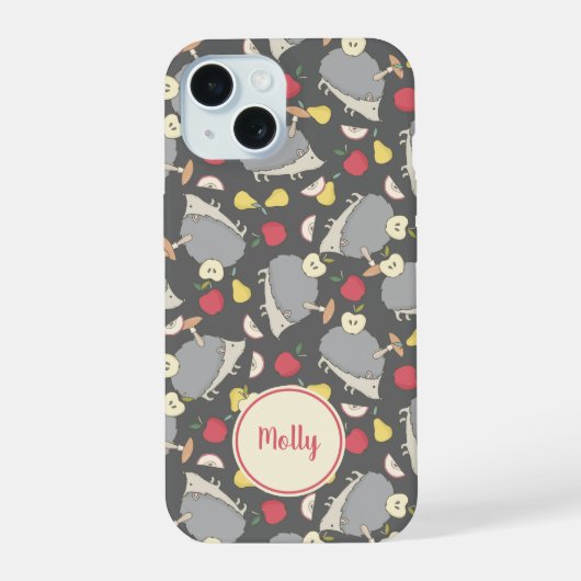 Aangepaste vrucht patroon met schattige egel iPhone 15 case (Achterkant)