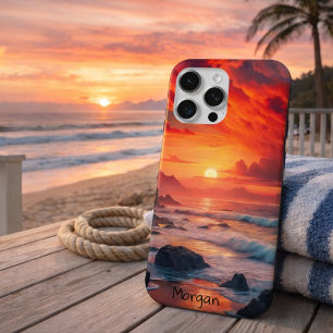 Aangepaste vurige zonsondergang kustlijn – Oceaan iPhone 15 Pro Max Hoesje
