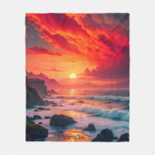 Aangepaste vurige zonsondergang kustlijn – Oceaan Fleece Deken (Voorkant)