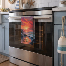 Aangepaste vurige zonsondergang kustlijn – Oceaan  Theedoek