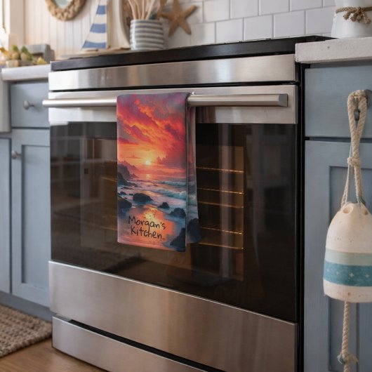 Aangepaste vurige zonsondergang kustlijn – Oceaan Theedoek