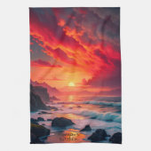Aangepaste vurige zonsondergang kustlijn – Oceaan Theedoek (Verticaal)