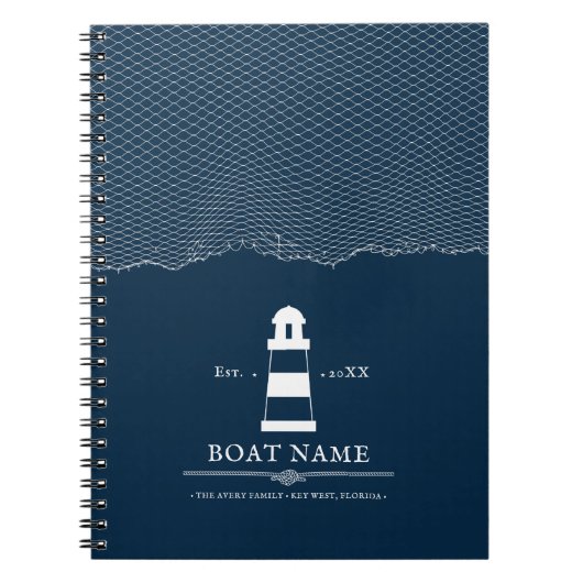 Aangepaste vuurtoren Boat Nautical Blue Notitieboek (Voorkant)