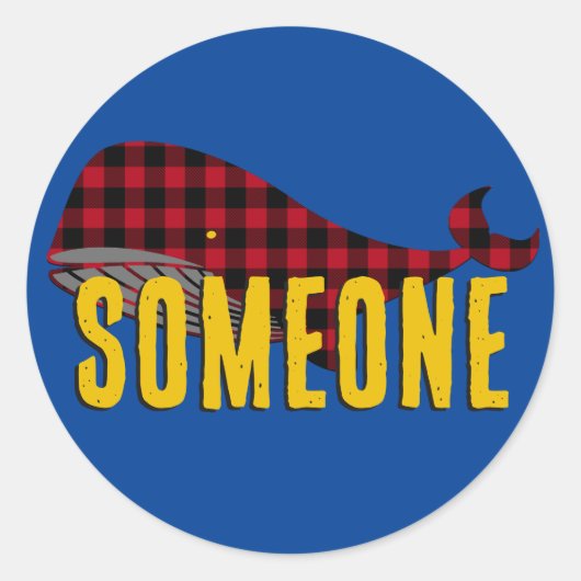 Aangepaste walvis, roodrood op blauwe buffelplaat ronde sticker (Voorkant)