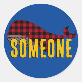 Aangepaste walvis, roodrood op blauwe buffelplaat ronde sticker