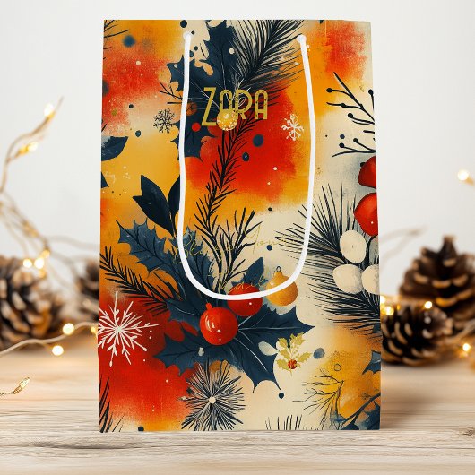 Aangepaste Warme Tonen Pine en Bessen Gift Bag Wijn Cadeautas