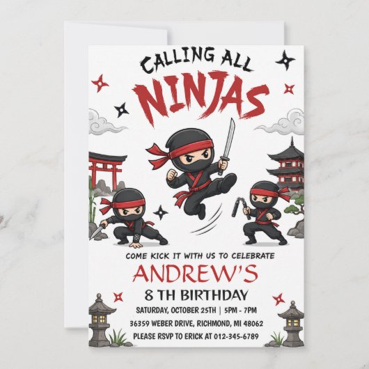 Aangepaste Warrior Ninja-verjaardagsfeestje Kaart (Voorkant)