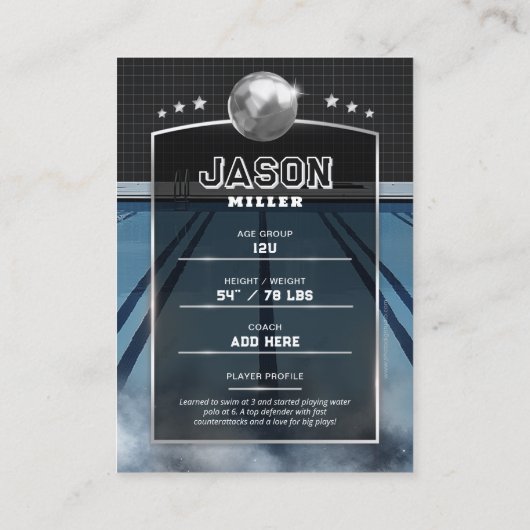 Aangepaste Water Polo Trading Kaart Blauw Zilveren Contactkaartje (Achterkant)