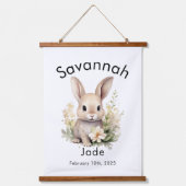 Aangepaste Waterverf Baby Bunny Naam & Geboortedat Hangend Wandkleed (Voorkant)