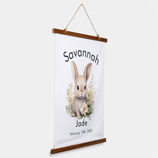 Aangepaste Waterverf Baby Bunny Naam & Geboortedat Hangend Wandkleed (Gebogen)