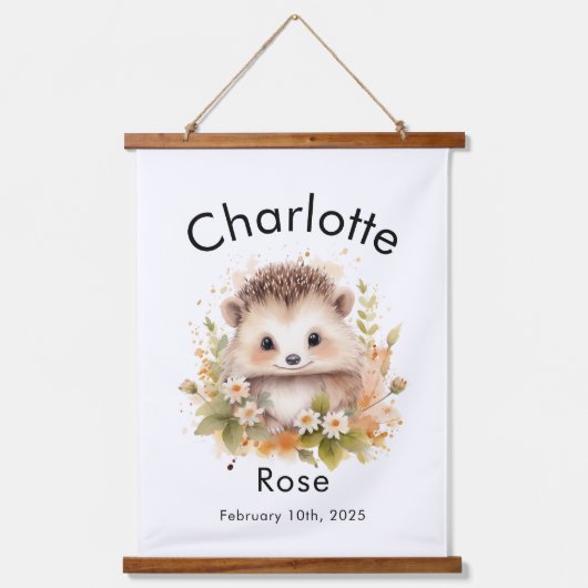 Aangepaste Waterverf Baby Hedgehog Naam & geboorte Hangend Wandkleed (Voorkant)