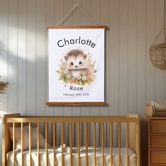 Aangepaste Waterverf Baby Hedgehog Naam & geboorte Hangend Wandkleed