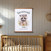 Aangepaste Waterverf Baby Racoon Naam en geboorted Hangend Wandkleed