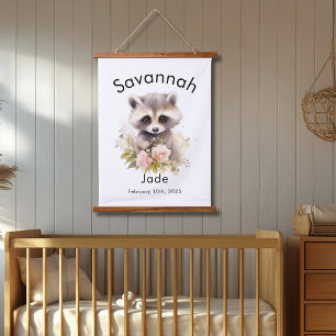 Aangepaste Waterverf Baby Racoon Naam en geboorted Hangend Wandkleed