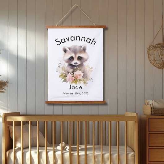 Aangepaste Waterverf Baby Racoon Naam en geboorted Hangend Wandkleed