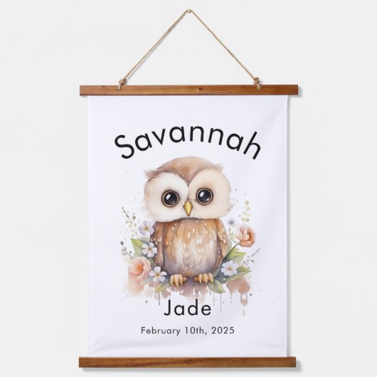 Aangepaste Waterverf Baby Uil Naam & Verjaardagsmu Hangend Wandkleed (Voorkant)