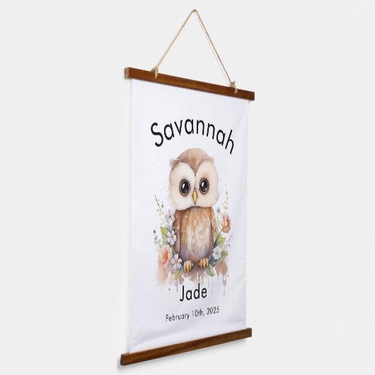 Aangepaste Waterverf Baby Uil Naam & Verjaardagsmu Hangend Wandkleed (Gebogen)