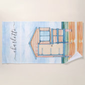 Aangepaste Waterverf Beach Hut Strandlaken (Voorkant)