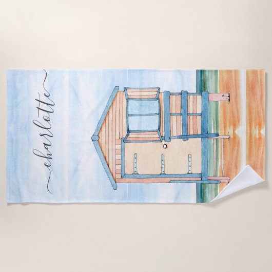 Aangepaste Waterverf Beach Hut Strandlaken (Voorkant)