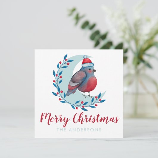 Aangepaste Waterverf Bird op Moon Christmas Kaart (Staand voorkant)
