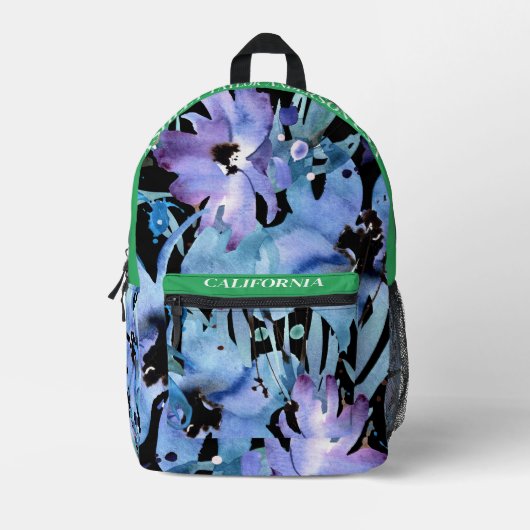 Aangepaste  waterverf blauw bloemenblauw bedrukte rugzak (Voorkant)