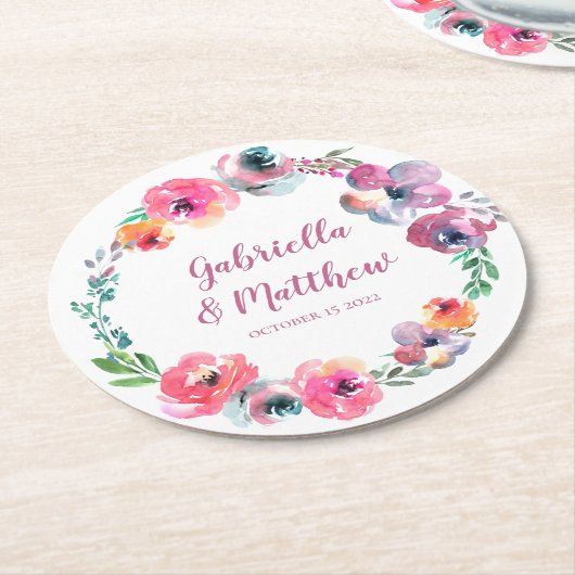 Aangepaste Waterverf bloemen Modern Elegant Weddin Ronde Kartonnen Onderzetter (Gebogen)