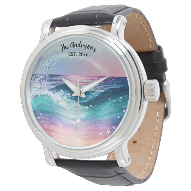 Aangepaste Waterverf Blue Ocean Wave Foto met Naam Horloge (Gekanteld)