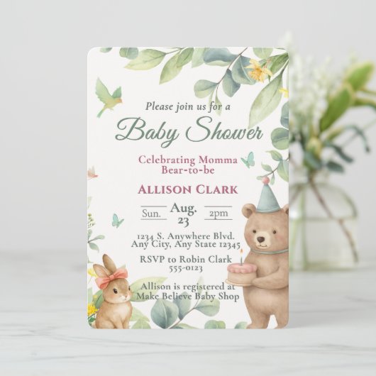 Aangepaste waterverf bosdier baby shower kaart (Staand voorkant)