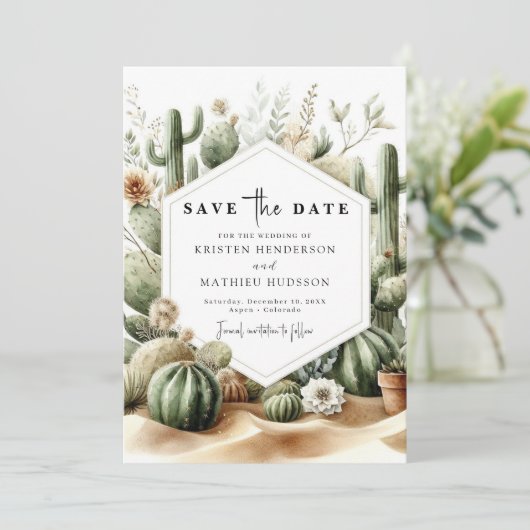 Aangepaste Waterverf Cactus bruiloft Save The Date (Staand voorkant)