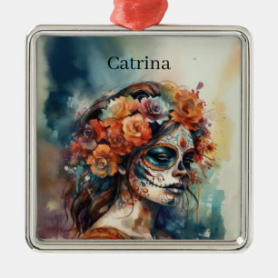 Aangepaste waterverf Día de los Muertos Catrina Metalen Ornament