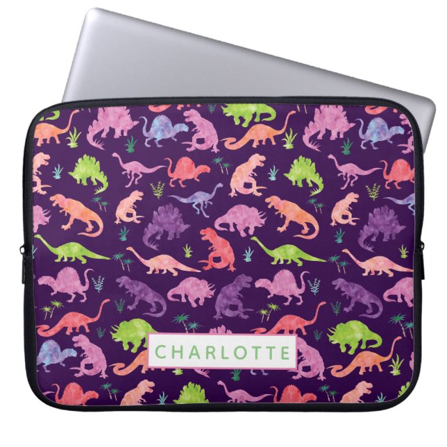 Aangepaste Waterverf Dinosaur Patroon Roze Kindere Laptop Sleeve (Voorkant)