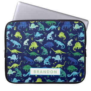 Aangepaste Waterverf Dinosaur Pattern Blue Kinder Laptop Sleeve