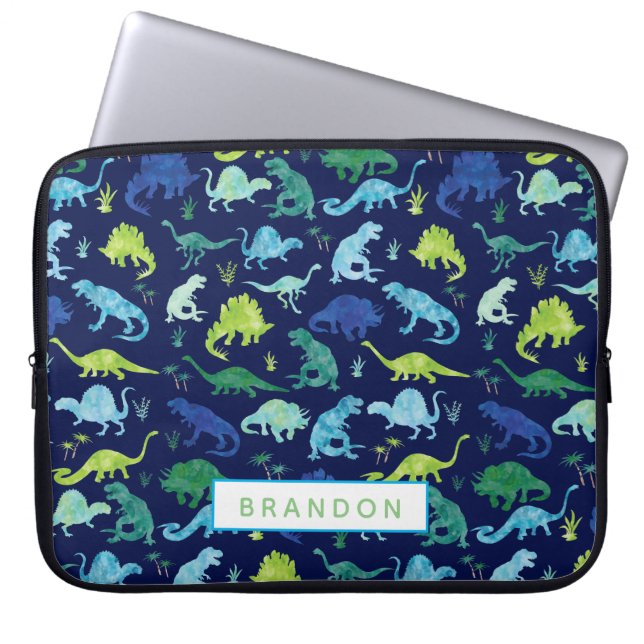 Aangepaste Waterverf Dinosaur Pattern Blue Kinder Laptop Sleeve (Voorkant)
