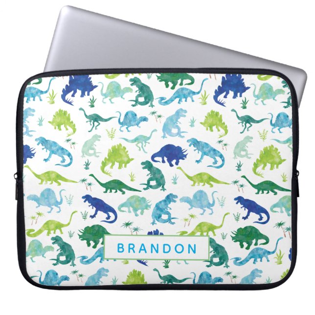Aangepaste Waterverf Dinosaur Pattern Blue Kinder Laptop Sleeve (Voorkant)