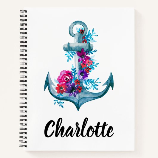 Aangepaste Waterverf Floral Anchor Illustratie Notitieboek (Voorkant)
